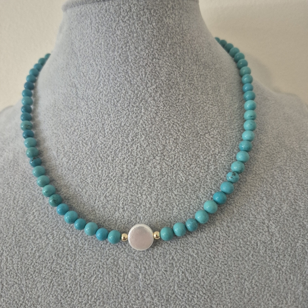 Turquoise NATURAL w/Coin Pearl Choker,Matching Braclet